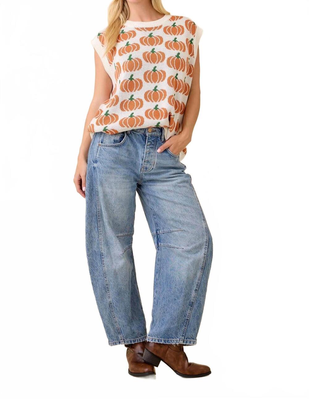 NEW MAIN STRIP pumpkin print sleeveless sweater knit top in ivory/orange - Picture 6 of 7
